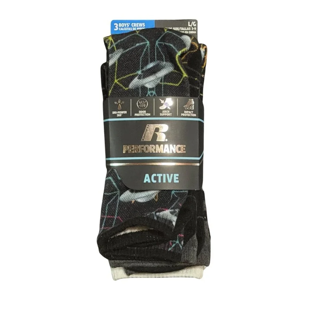 NWT Russell Boys 3-Pack Large Crew Socks Shoe 3-9 Active Performance Dri-Power